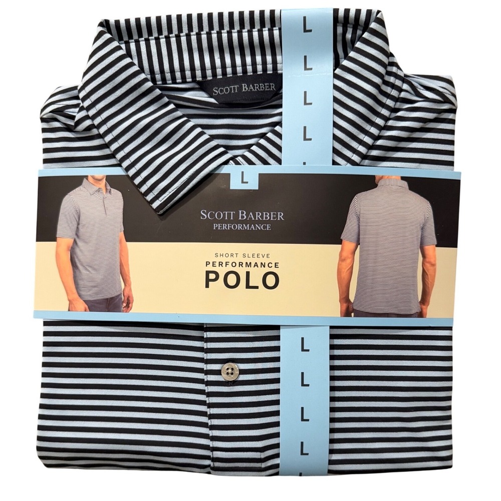 Scott Barber Performance Business Casual Polo Men Lrg Blue Striped Short Sleeve